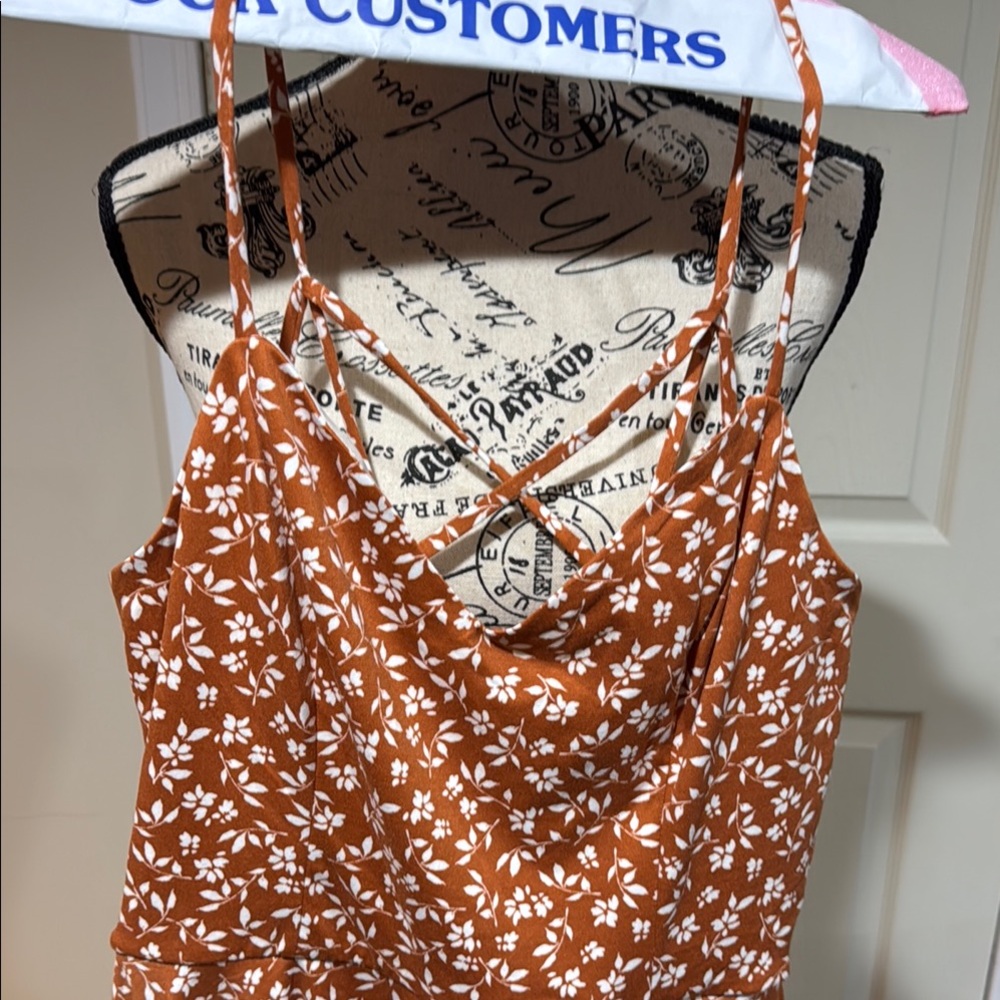 Floral Cowl Neck Spaghetti Strap Dress - Rust Brown
